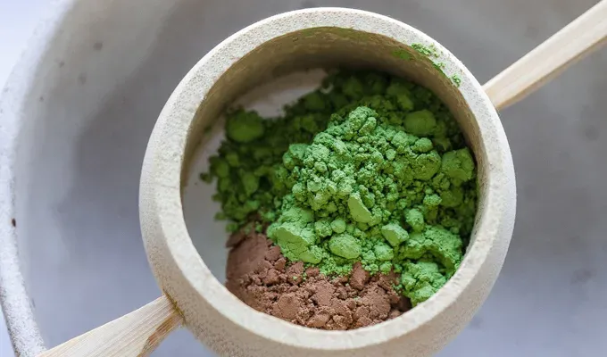 Matcha and cocoa powder in a special matcha sifter.' title='Matcha Cocoa