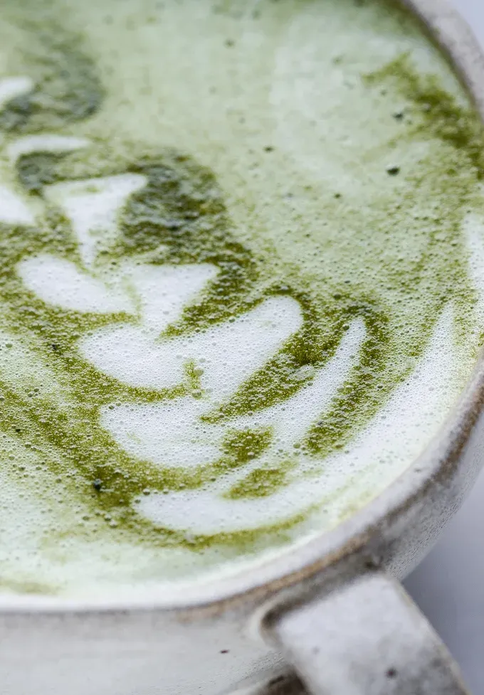 A close up shot of the latte art.' title='Matcha Cocoa