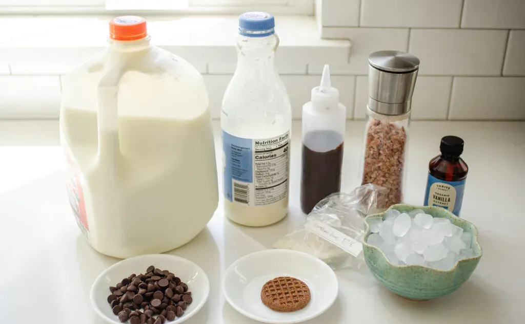 All of the ingredients needed to make a double chocolate chip Frappuccino at home.' title='Double Chocolate Chip Frappuccino Recipe 