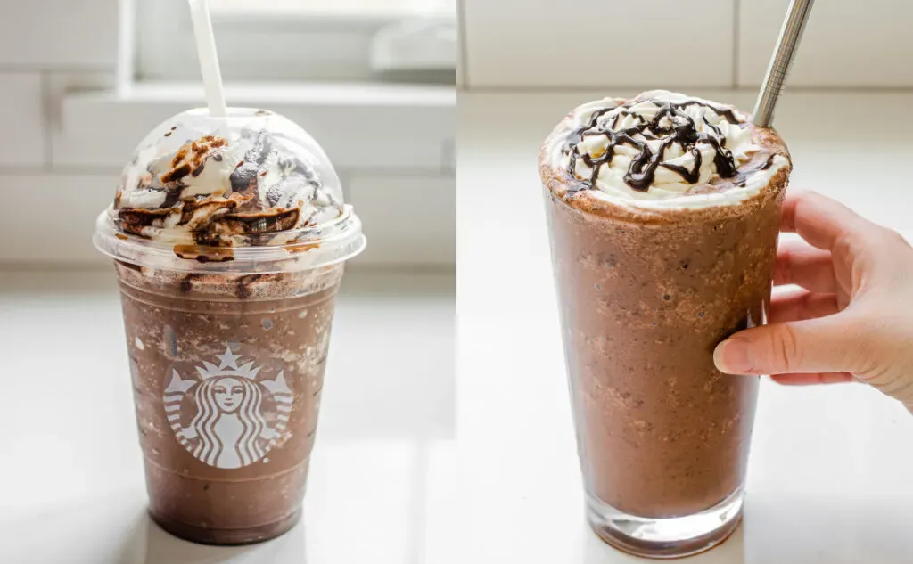 A side by side comparison of the Starbucks Double Chocolatey Chip Crème Frappuccino vs my copycat homemade version.' title='Double Chocolate Chip Frappuccino Recipe 