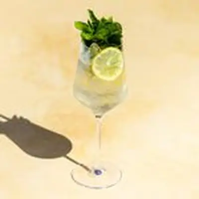 Hugo Spritz cocktail in a wine glass with ice, lemon, and a large bouquet of mint