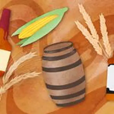 Illustration with bourbon bottles, corn, rye, bourbon barrel, and wheat