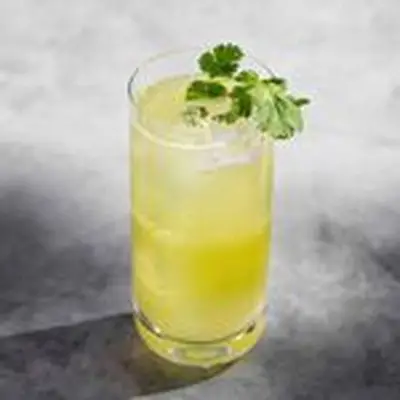 Tequila Limeade, bright greenish-yellow, in highball glass with fresh mint sprig, on marble background