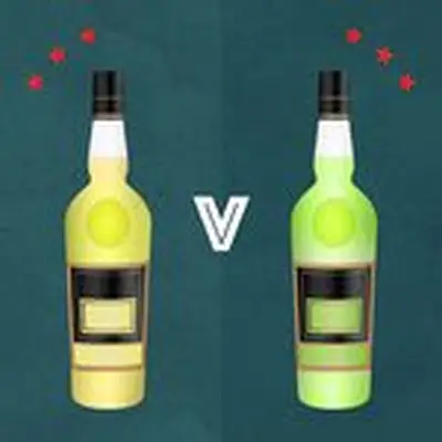 illo of Yellow & Green Chartreuse bottles against a dark teal background with floating red stars