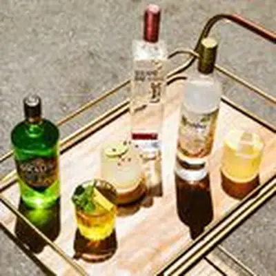 A collection of botanical vodka bottles on a modern-style bar cart with cocktails.