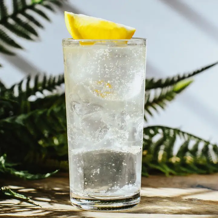 Gin Buck cocktail on a wooden table with a green plant