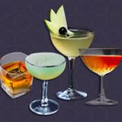 composite of disco drinks against a patterned purple background.