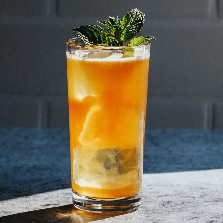 Sweet Tea Smash in a collins glass with ice, garnished with a mint sprig