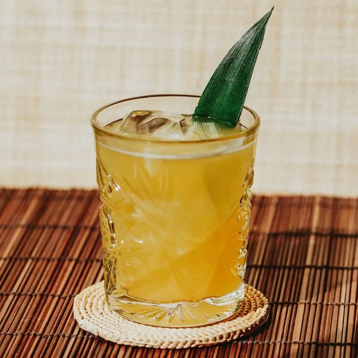 Ginger Smash cocktail with pineapple leaf, served on round, woven coaster