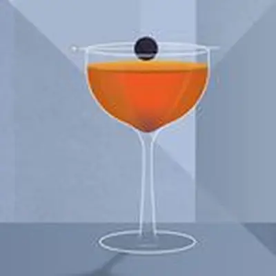 Manhattan cocktail illustration against a grey background.