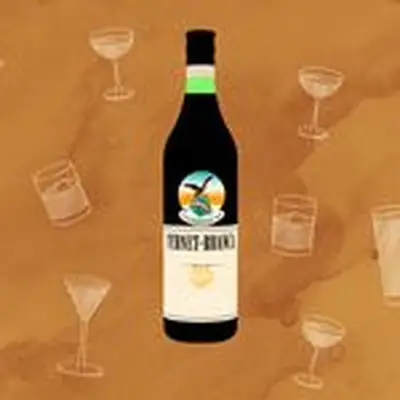 Illustration of Fernet-Branca with cocktails surrounding the bottle 
