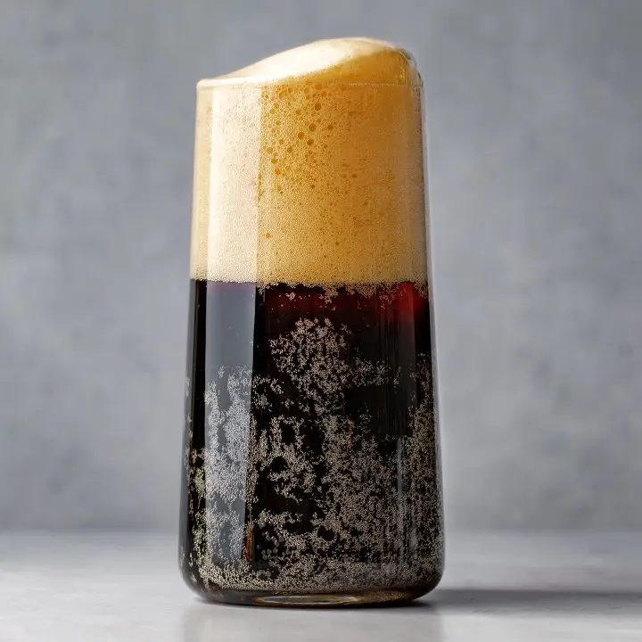 Black Velvet cocktail in a collins glass, with a frothy head sitting atop the dark beer
