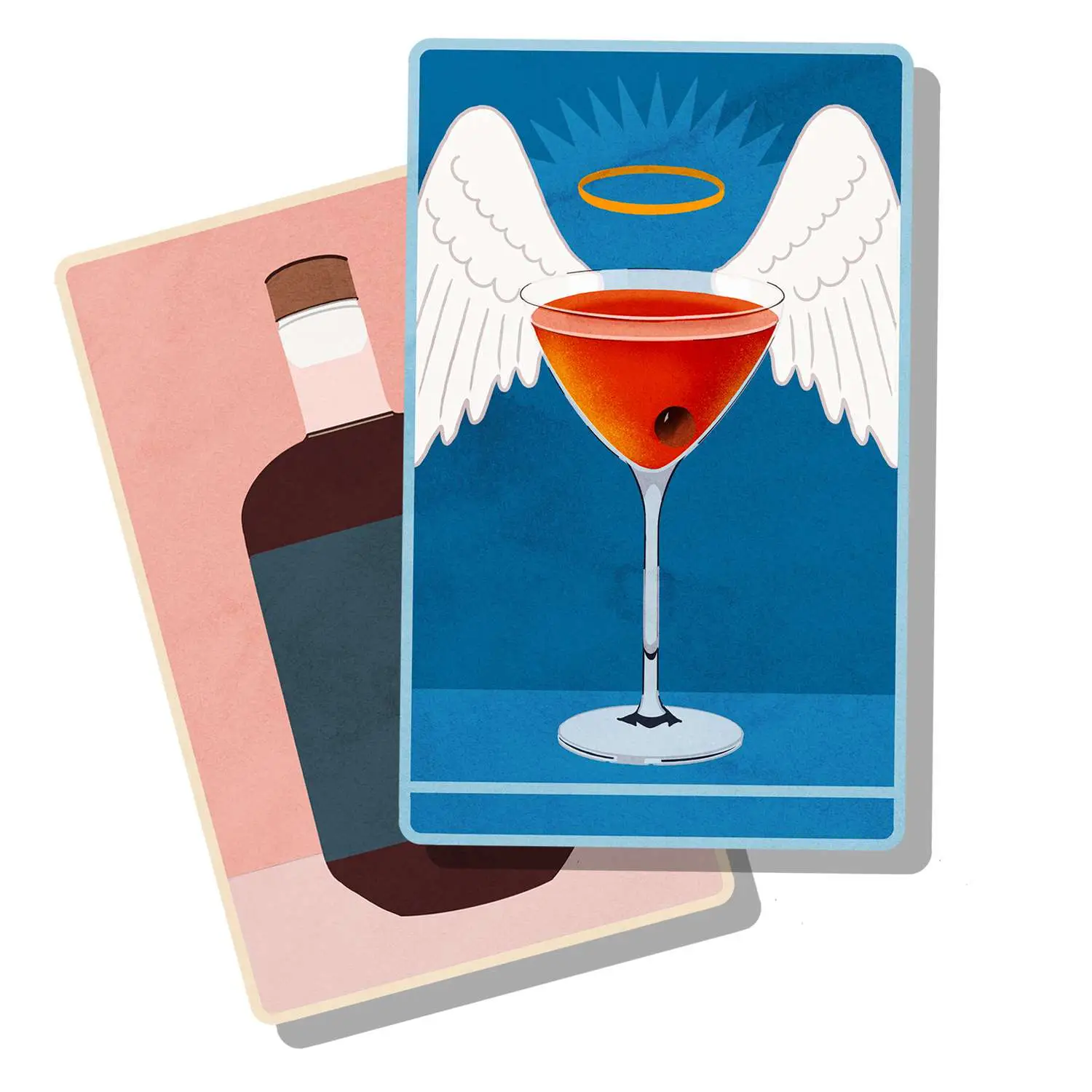 Temperance-themed tarot cards depicting a non-alcoholic Manhattan cocktail with halo and wings, and a bottle of N/A spirits