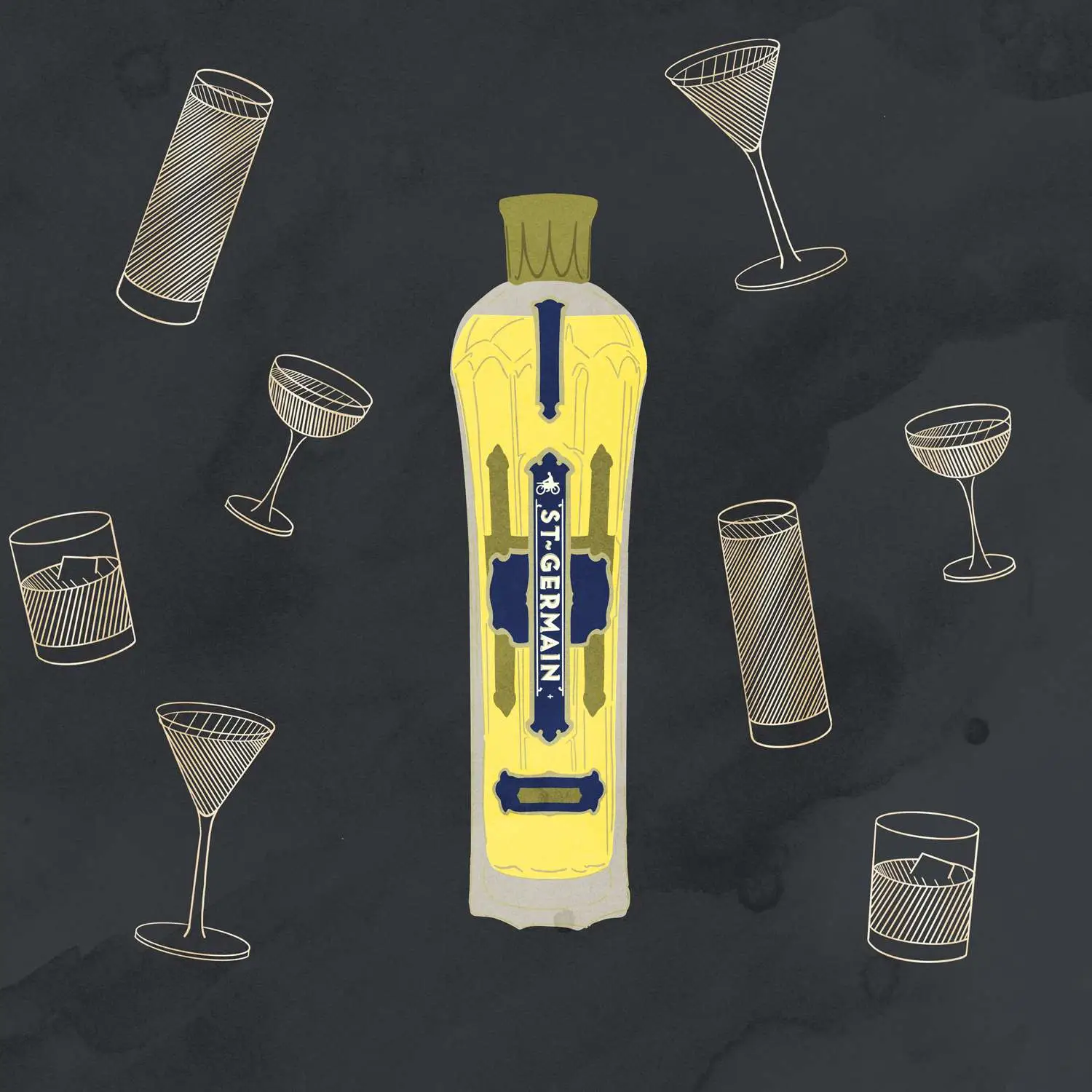 Illustration of St Germain with cocktails surrounding the bottle 