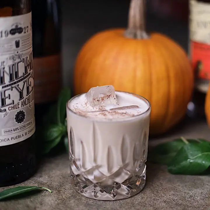 Spice is Right Eggnog served in rocks glass with ice cubes, with ancho reyes chili liqueur and pumpkin in background