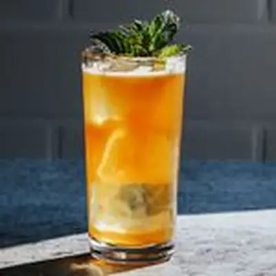 Sweet Tea Smash in a collins glass with ice, garnished with a mint sprig