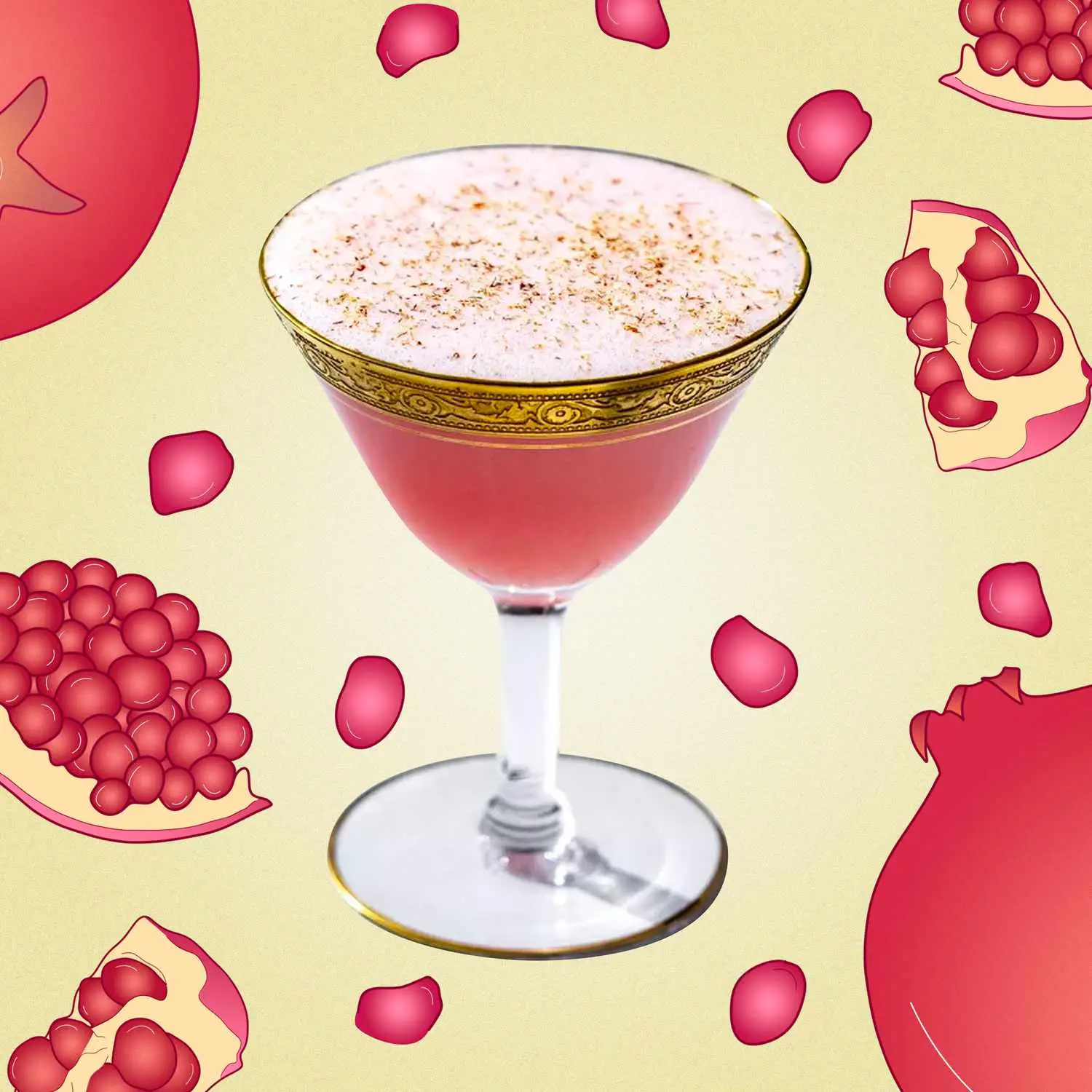 Photo of grenadine-tinged sour cocktail garnished with nutmeg and served in ornate gold-rimmed coupe glass, against illustration of exposed pomegranates with seeds