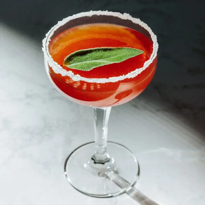 A bright orange-red cocktail served in a coupe glass with a sugared rim and a single sage leaf as its garnish; the glass is shot from above on a white marble surface