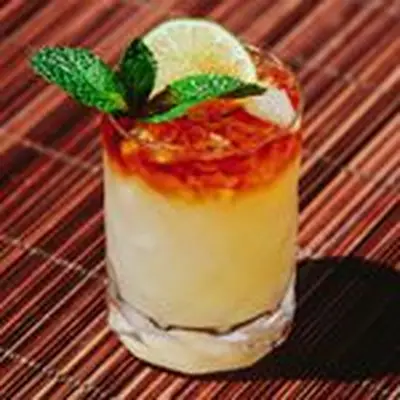 Mai Tai cocktail with a dark rum float, mint sprig and lime wheel