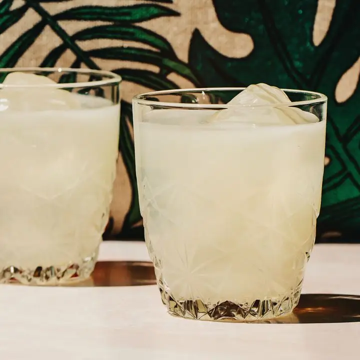 two rocks glasses of Garrick Club Punch over ice, served on a white surface in front of green foliage-print wallpaper