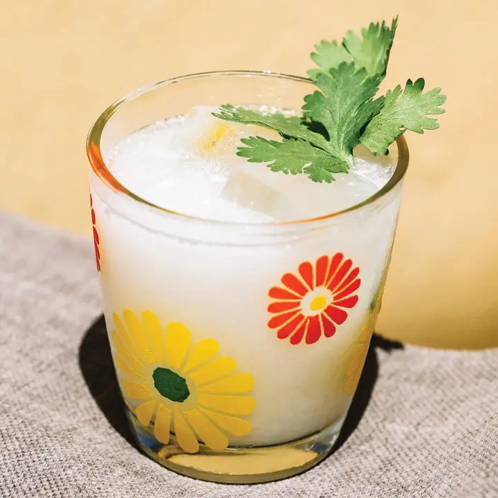 A small rocks glass sits on a bit of canvas. The glass has orange and yellow flowers drawn on it, and is filled with a coconut milk drink over ice cubes, and is garnished with a cilantro leaf.