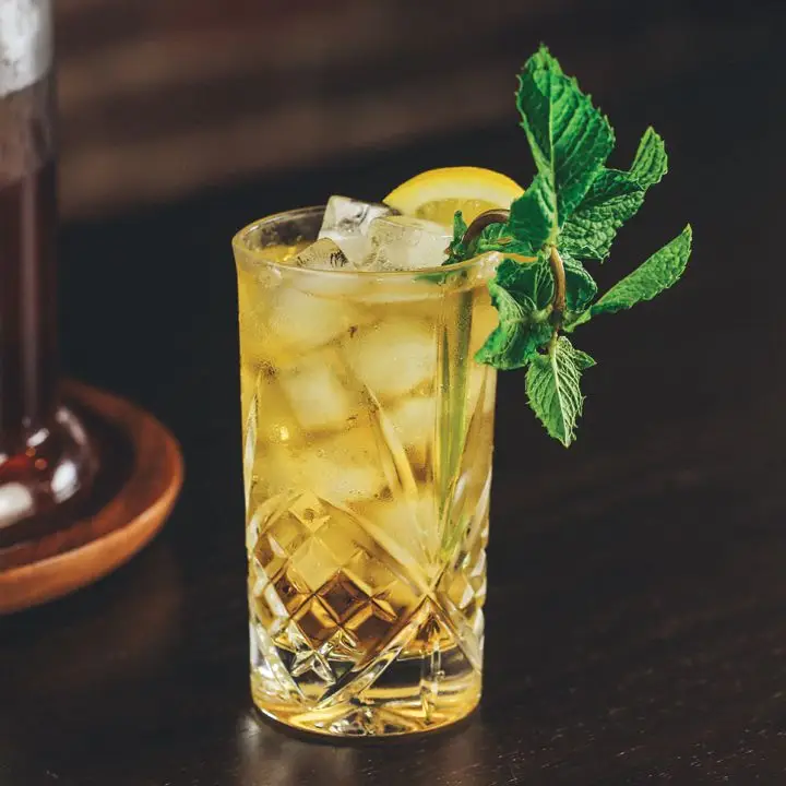 A detailed highball glass holds a bourbon-spiked sweet tea, a number of medium-sized ice cubes, a lemon wheel, and a sprig of mint, which drapes over the glass. The background is dark hard wood.