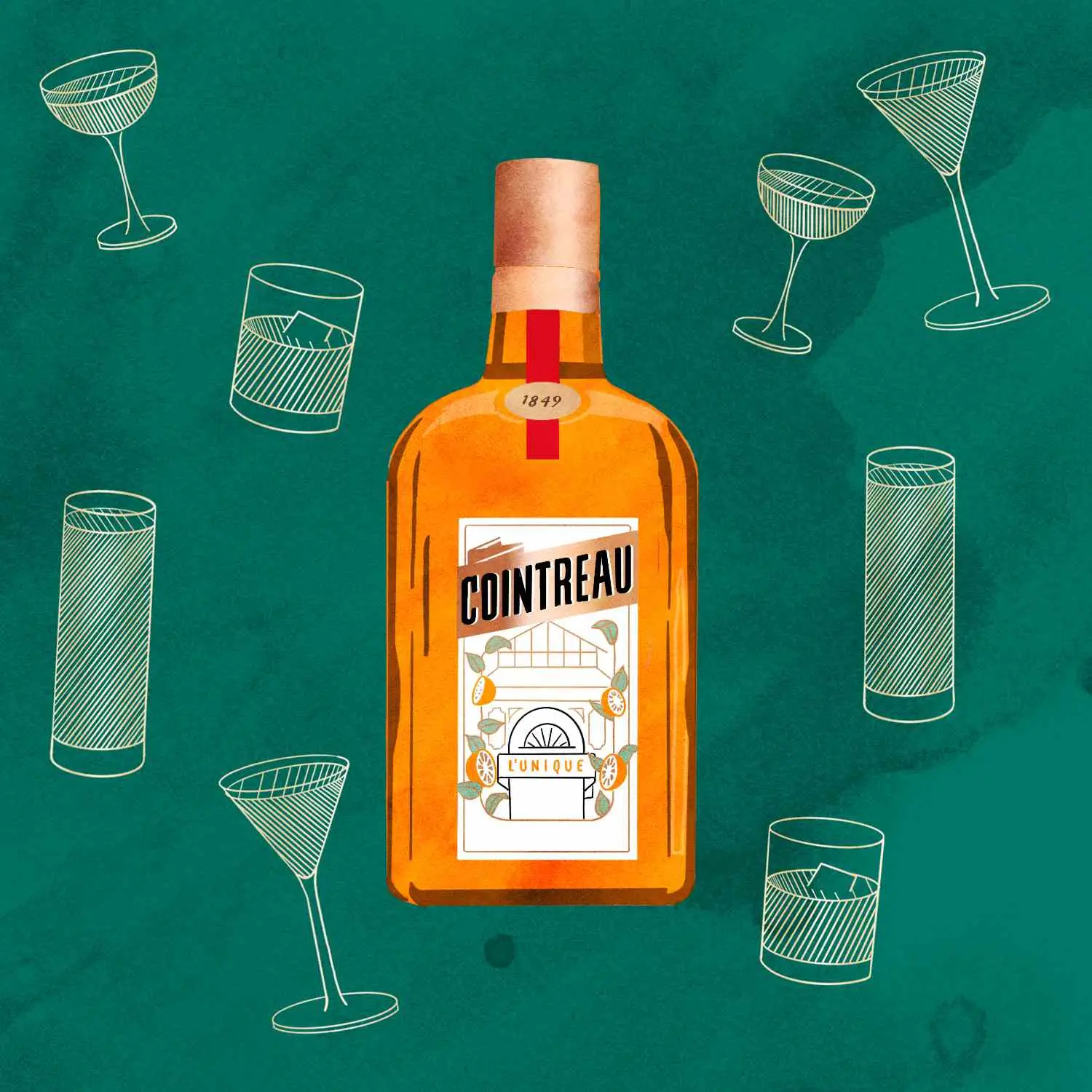 Cointreau bottle against teal background with illustrations of various cocktails