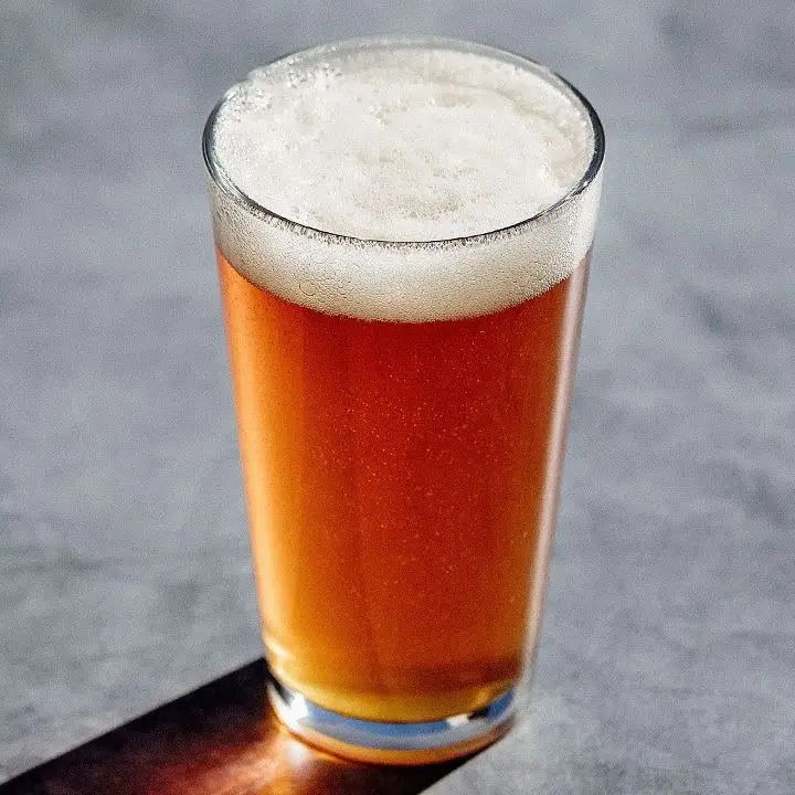 amber-colored Demi Peche cocktail with white foamy head, served in a pilsner glass