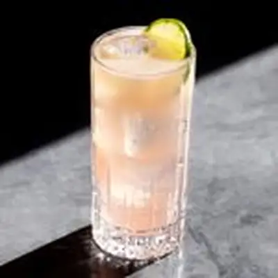 A Collins glass with a thick base rests on a gray marble surface. It’s filled with a salmon-pink colored drink over ice cubes, garnished with a lime wheel.