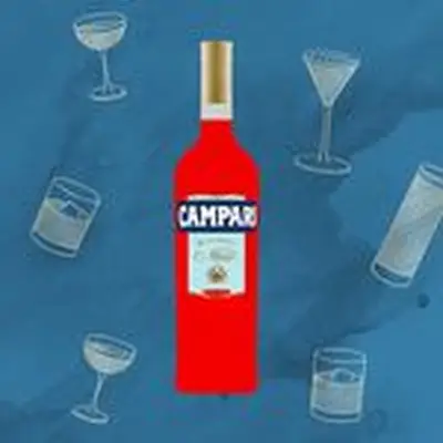 Campari bottle against smudged blue background with illustrations of various cocktails