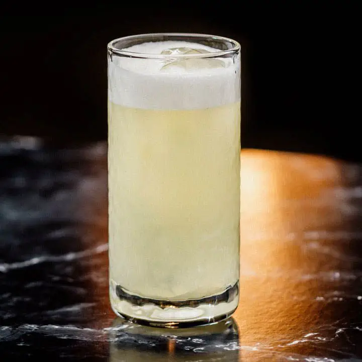 A highball glass is filled with a light gold cocktail topped with foam. The drink rests on black marble, and the background is solid black.