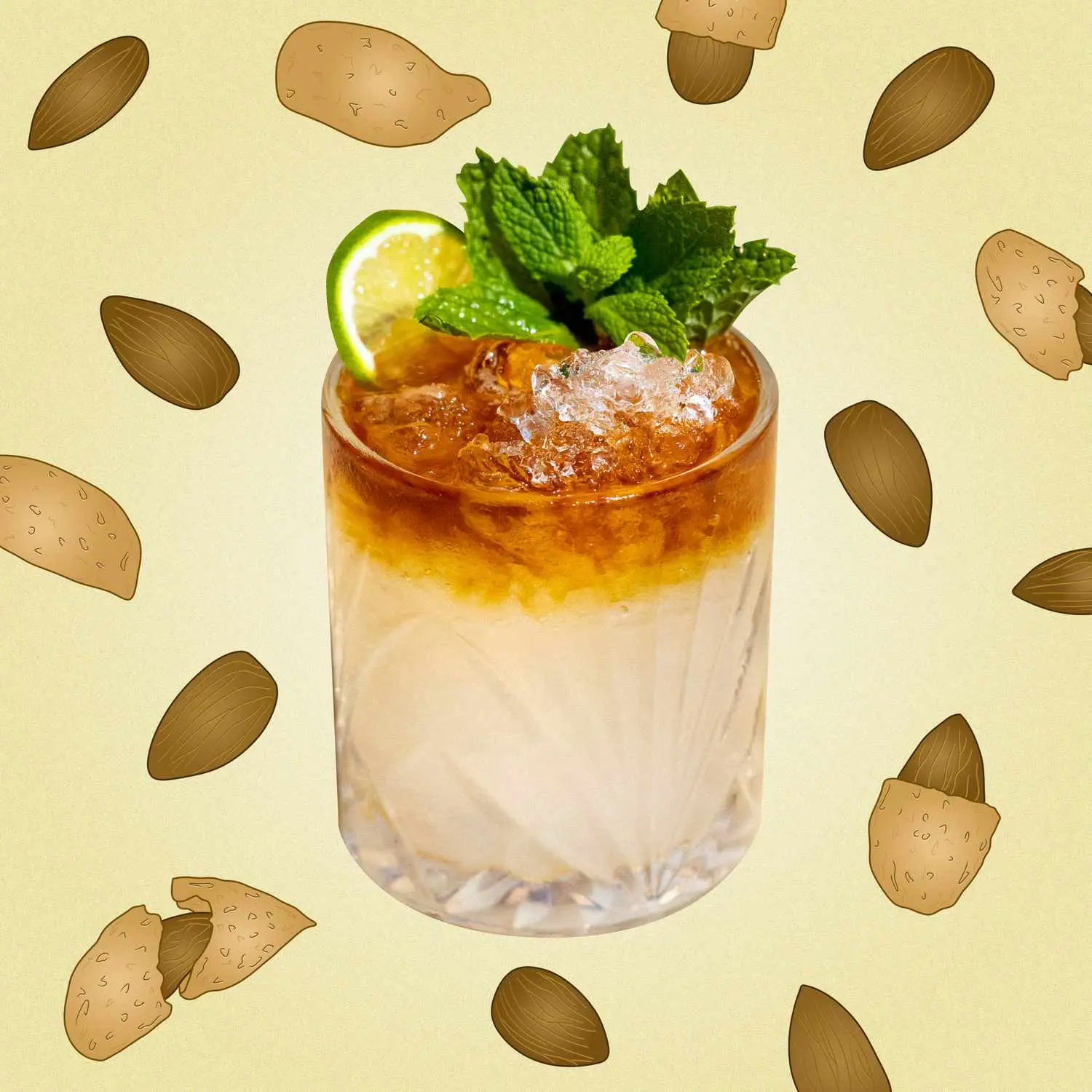 Photo of Mai Tai in rocks glass with dark rum float, crushed ice, mint sprigs, and lime wheel against illustrated background of scattered almonds