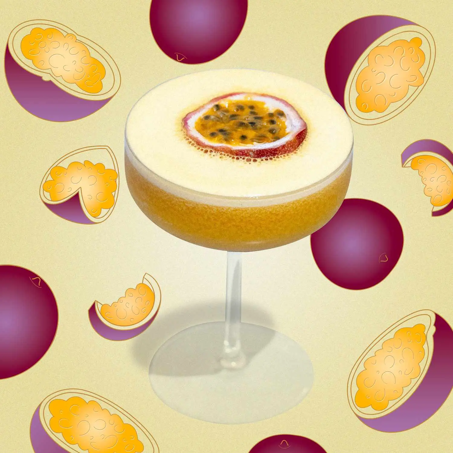 Porn Star Martini cocktail in coupe glass garnished with half a passion fruit, yellow background with purple passion fruit illustrations