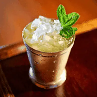 Gin on Gin Julep in a julep mug with crushed ice and a mint sprig garnish