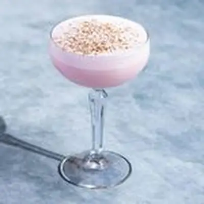 Pink Squirrel in an ornate coupe glass with lightly separate layer of pink foam and nutmeg dusting