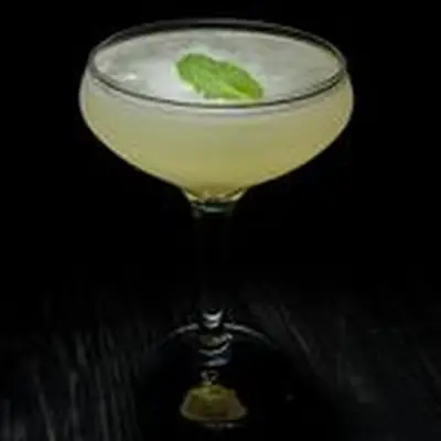light green South Mint 75 cocktail in a coupe glass, garnished with a single mint leaf