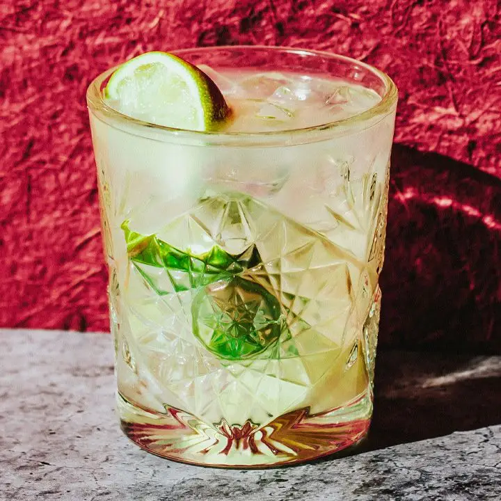 Caipiroska cocktail in a crystal-cut glass with lime wedges