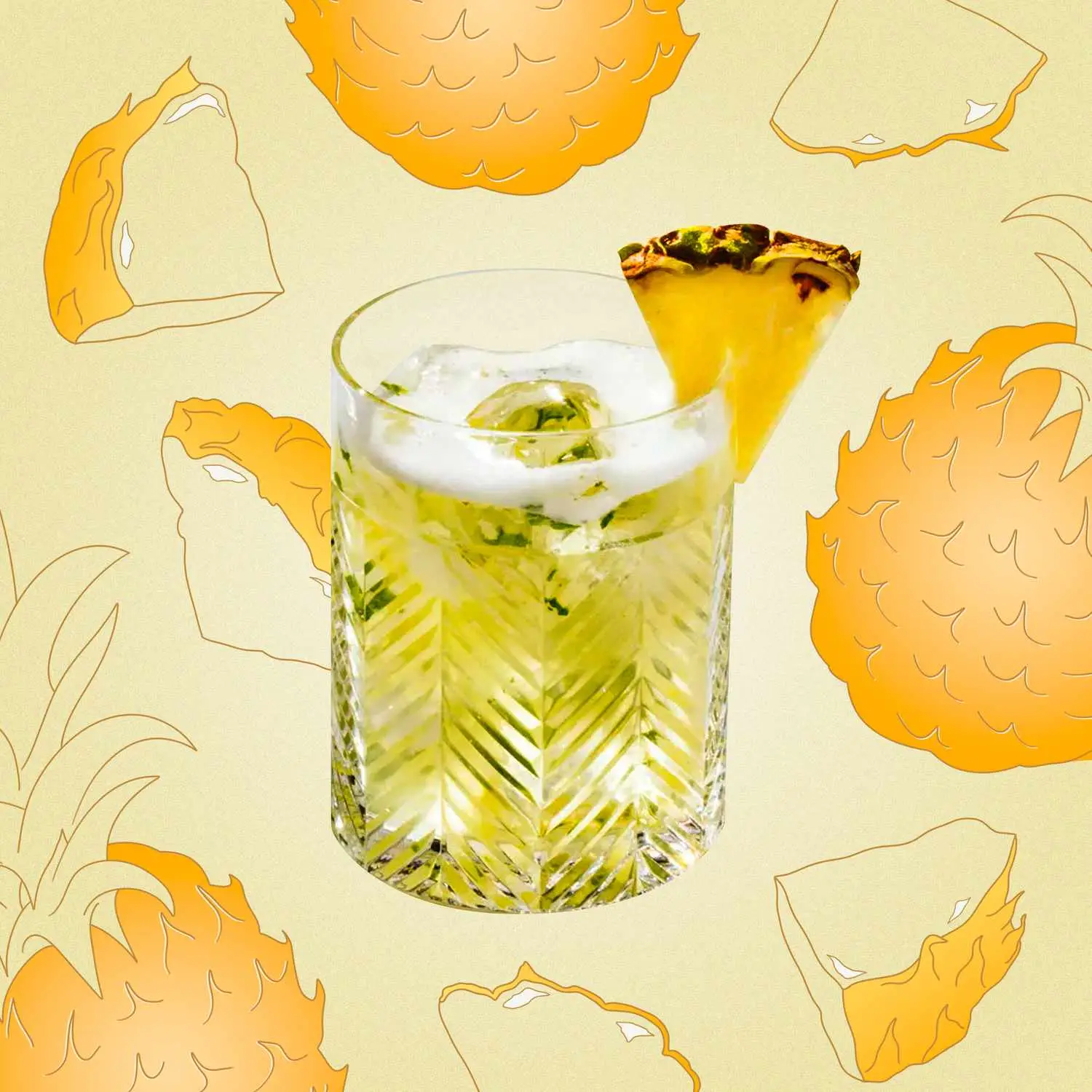 Pineapple Caipirinha cocktail in rocks glass with pineapple wedge garnish, with illustrated background of pineapples