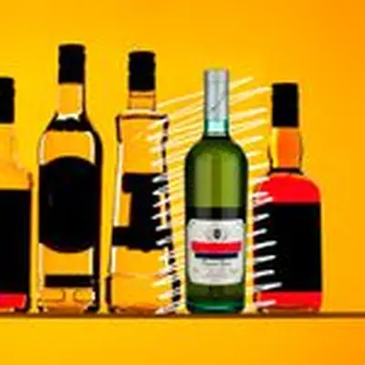 Photo illustration of various bottles all with their labels blacked out except a Pernod bottle, emphasized with hand-drawn white lines