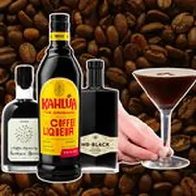 Coffee Liqueur bottles with an Espresso Martini against a backdrop of coffee beans