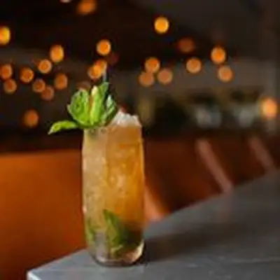 In the foreground, a tall collins glass is beaded with condensation and filled with crushed ice, muddled mint, and a dark brown drink. A bunch of mint and a thin black straw garnishes the drink. The background is an out-of-focus restaurant.