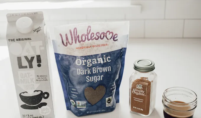Ingredients for making an iced brown sugar oat milk shaken espresso at home.' title='Brown Sugar Oat Milk Shaken Espresso