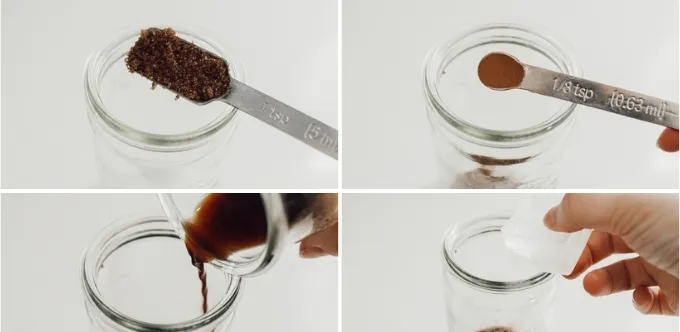 Placing the ingredients for an iced brown sugar oatmilk shaken espresso in a glass jar.' title='Brown Sugar Oat Milk Shaken Espresso