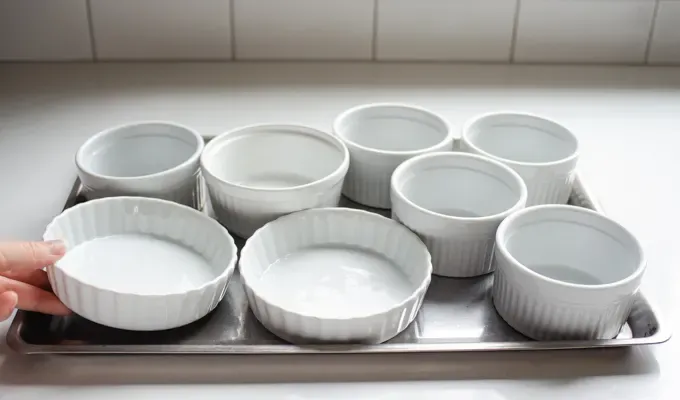 Lining a shallow rimmed baking sheet with ramekins. ' title='Easy Baked Pumpkin Custard with Nutmeg Whipped Cream