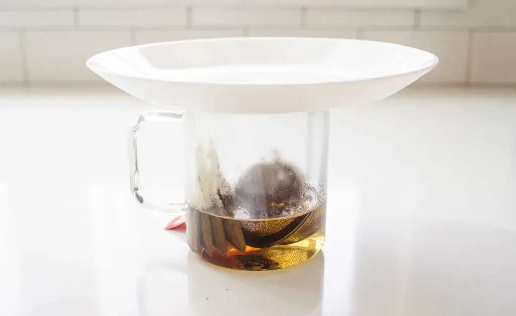 Steeping the Earl Grey tea bags with the lavender to make the base of the latte. ' title='Homemade London Fog Tea Latte (Earl Grey Latte)