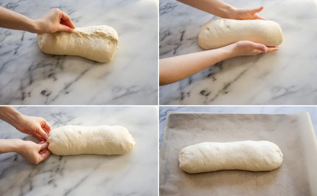 Last steps for forming a soft sourdough French bread loaf.' title='Soft Sourdough French Bread Without Yeast!