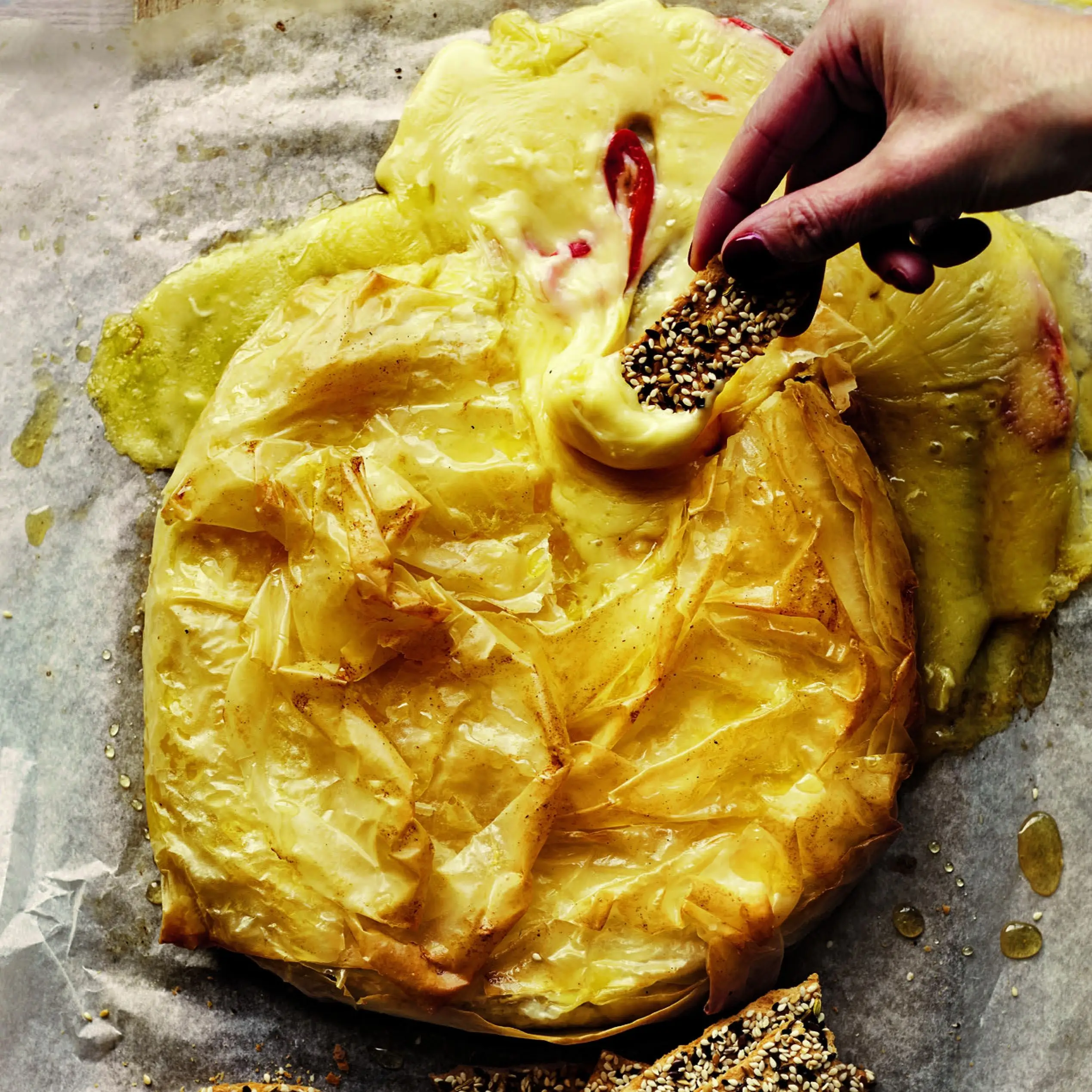 Brie embrulhado em filo com mel quente e anchovas