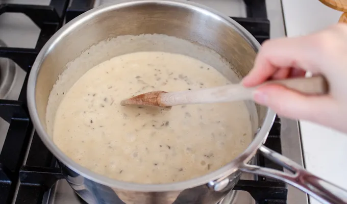 The cooked mushrooms soup base for the gluten free cheesy potatoes (AKA funeral potatoes).' title='Gluten Free Cheesy Potatoes