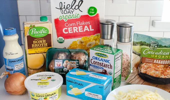 All of the ingredients needed to make gluten free cheesy potatoes AKA funeral potatoes.' title='Gluten Free Cheesy Potatoes