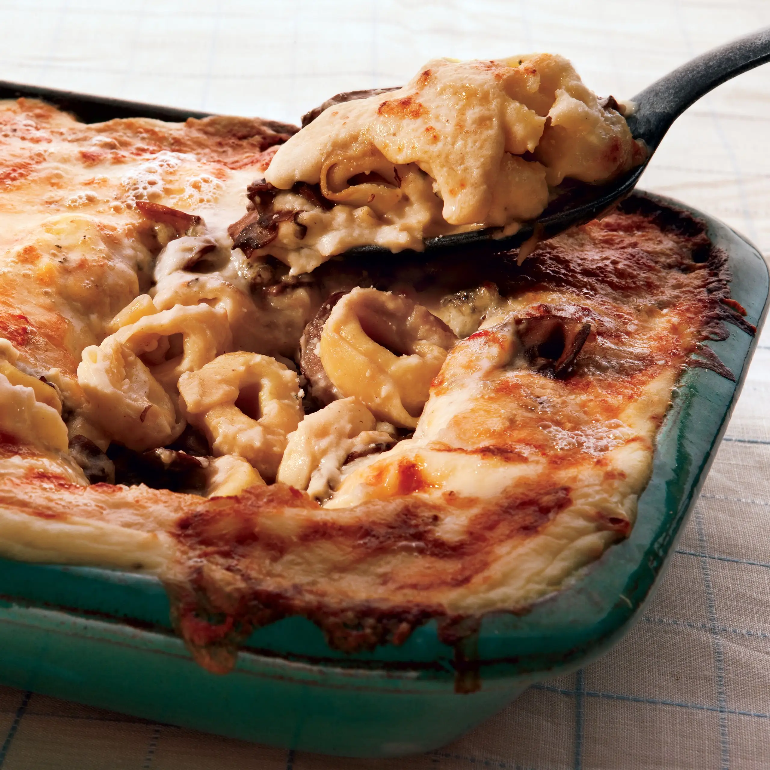 Tortellini gratinata com cogumelos e pastenip béchamel